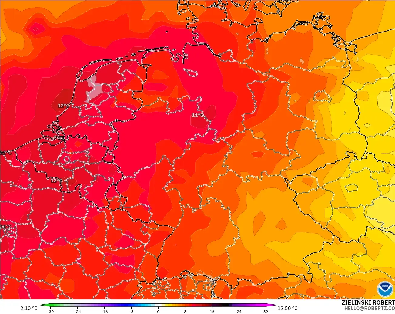 GFS model - Germany, Temperature at 850hPa Anomaly