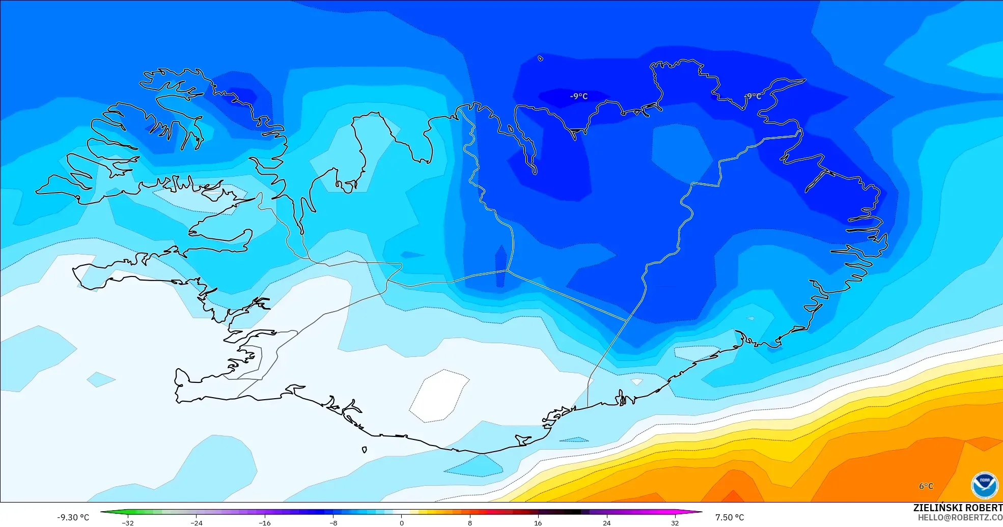 GFS model - Iceland, Temperature at 850hPa Anomaly