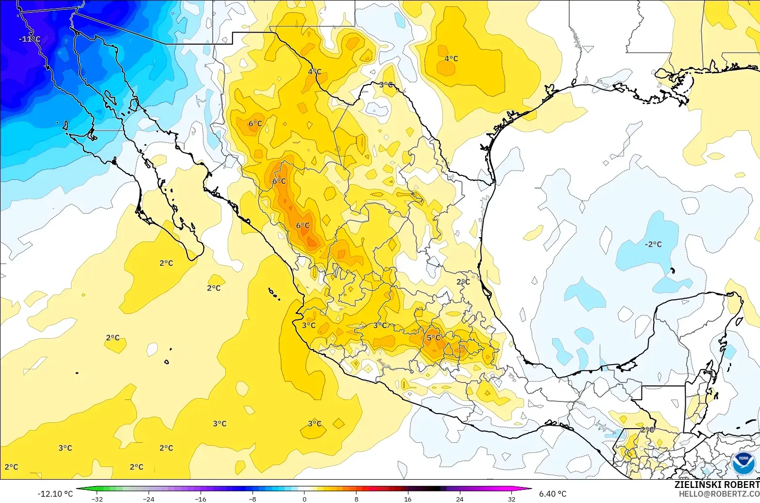 GFS model - Mexico, Temperature at 850hPa Anomaly