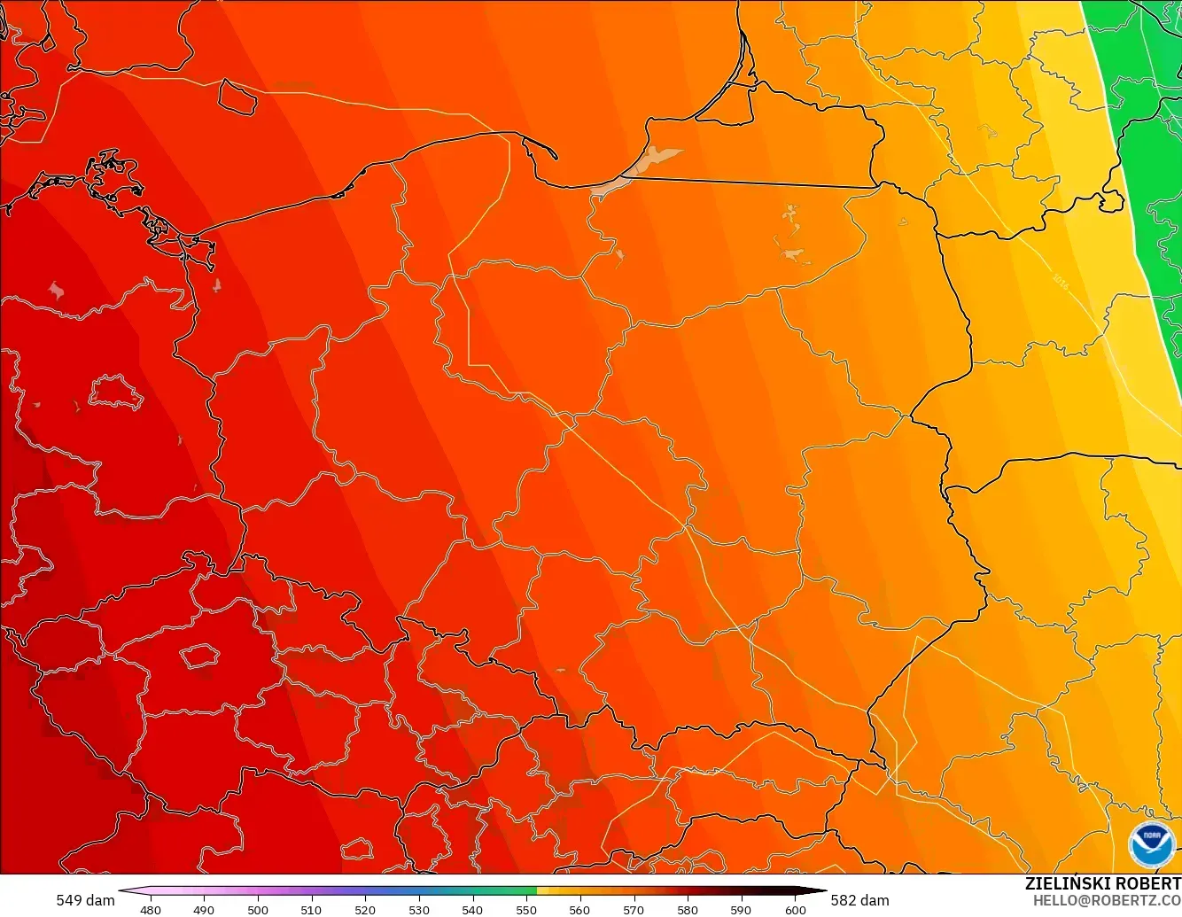 GFS model - Poland, Geopotential height at 500hPa