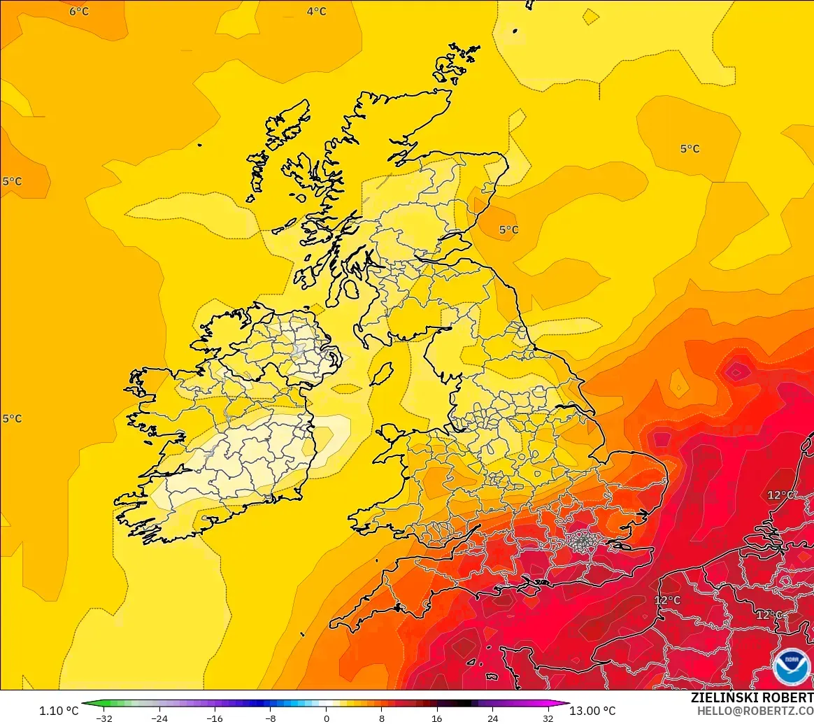 GFS model - United Kingdom, Temperature at 850hPa Anomaly