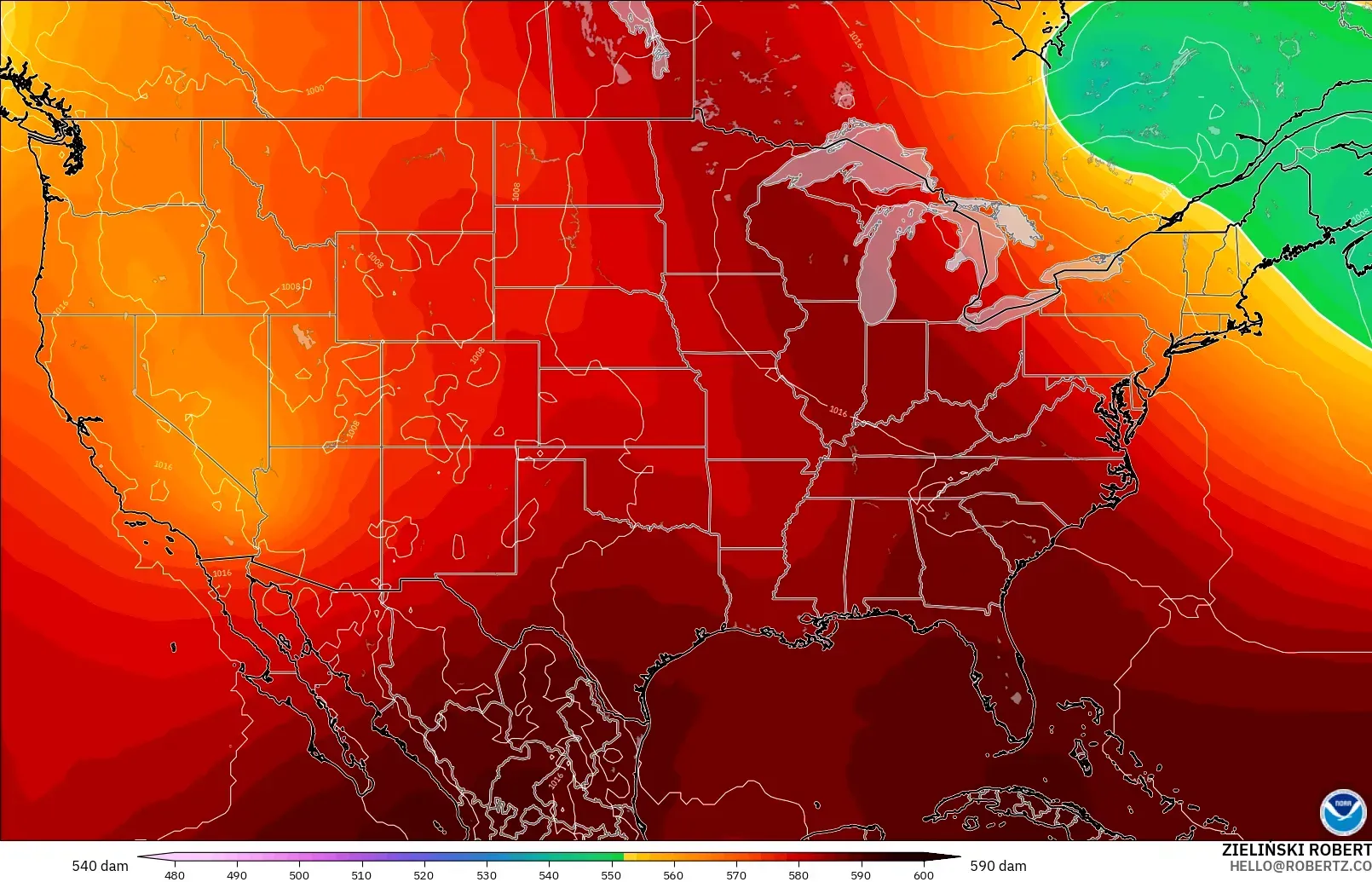 GFS model - United States, Geopotential height at 500hPa