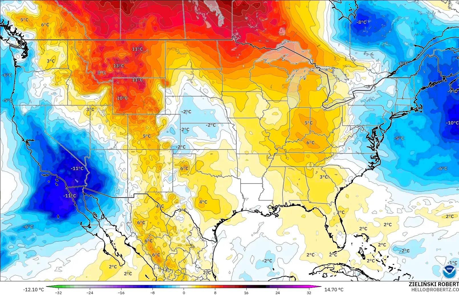 GFS model - United States, Temperature at 850hPa Anomaly