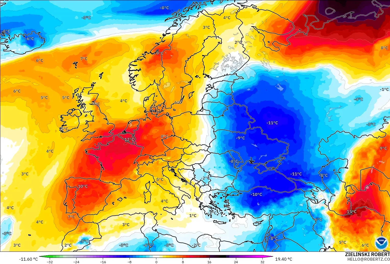 GFS model - Europe, Temperature at 850hPa Anomaly