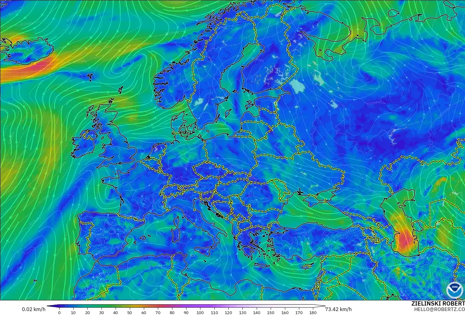 GFS model - Europe, Wind at 10m