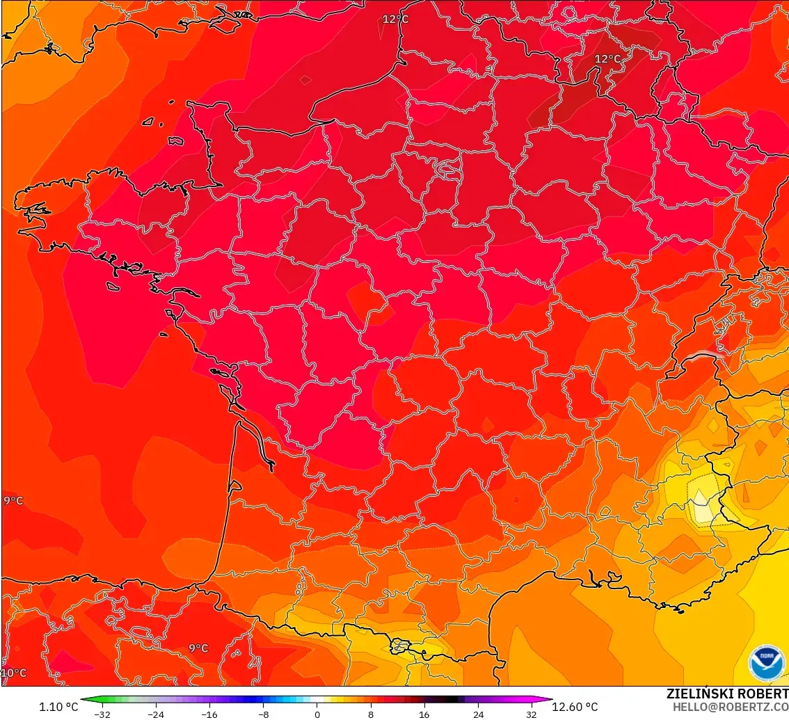 GFS model - France, Temperature at 850hPa Anomaly
