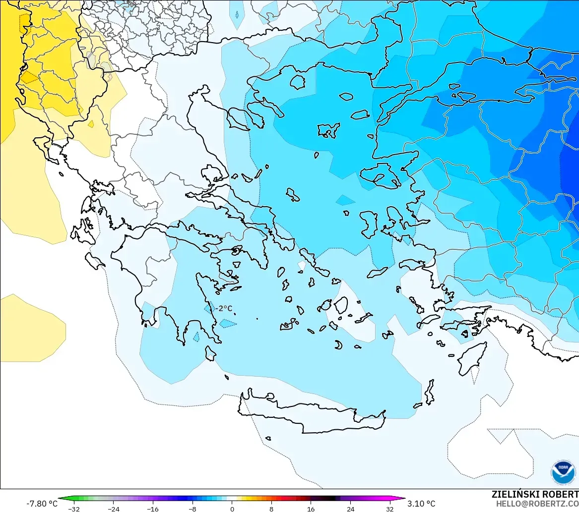 GFS model - Greece, Temperature at 850hPa Anomaly