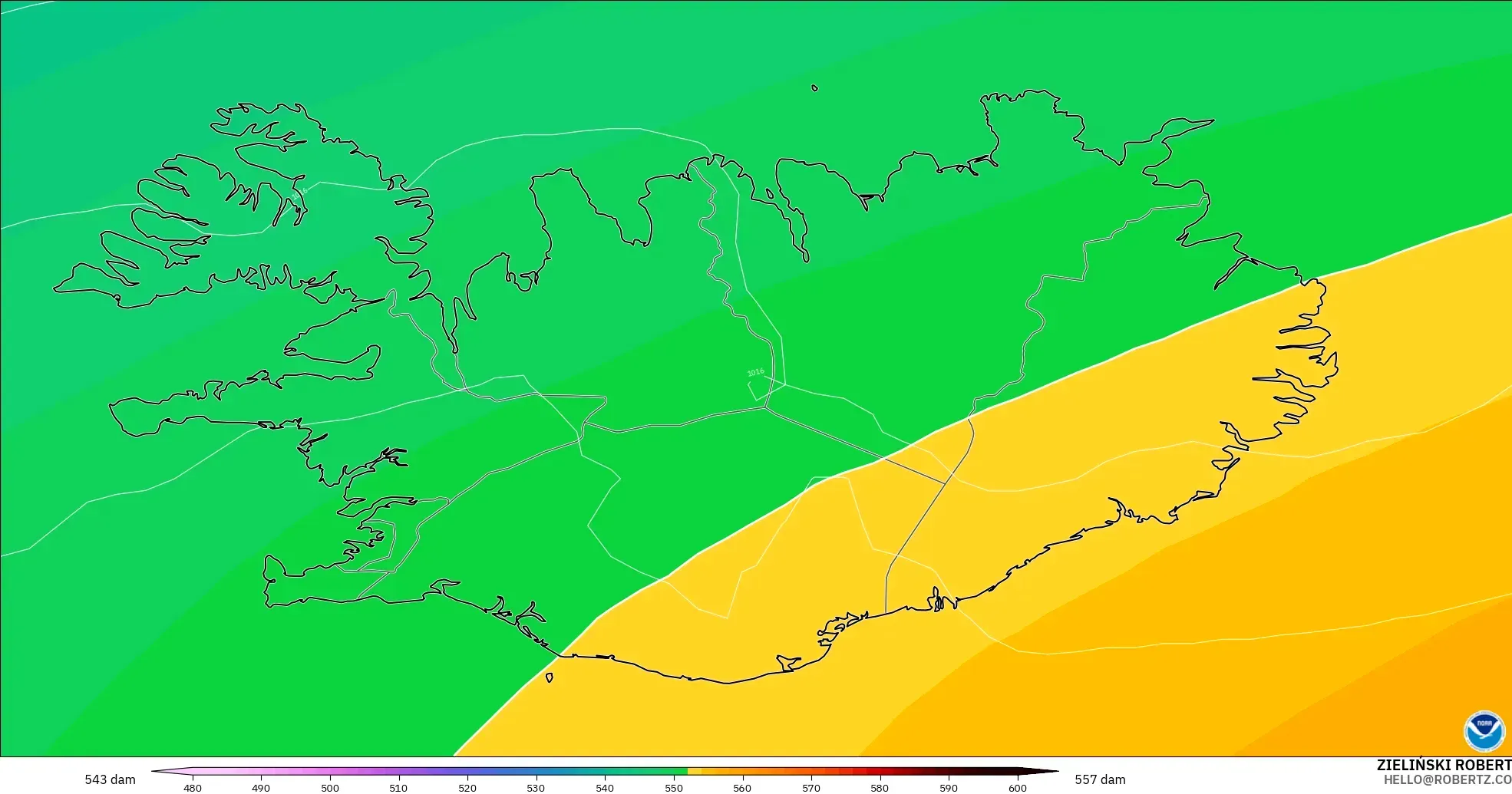 GFS model - Iceland, Geopotential height at 500hPa