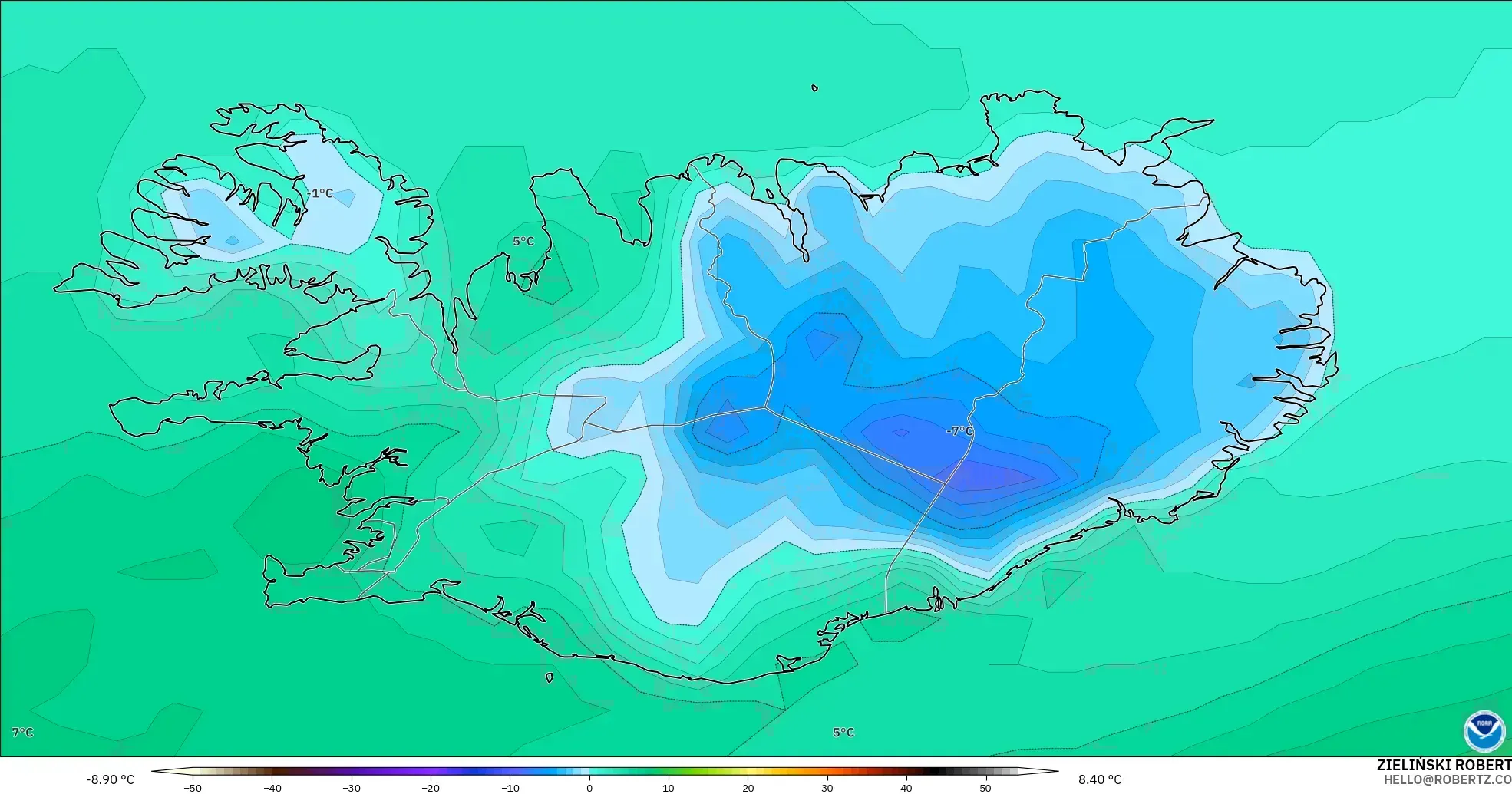 GFS model - Iceland, Temperature at 2m