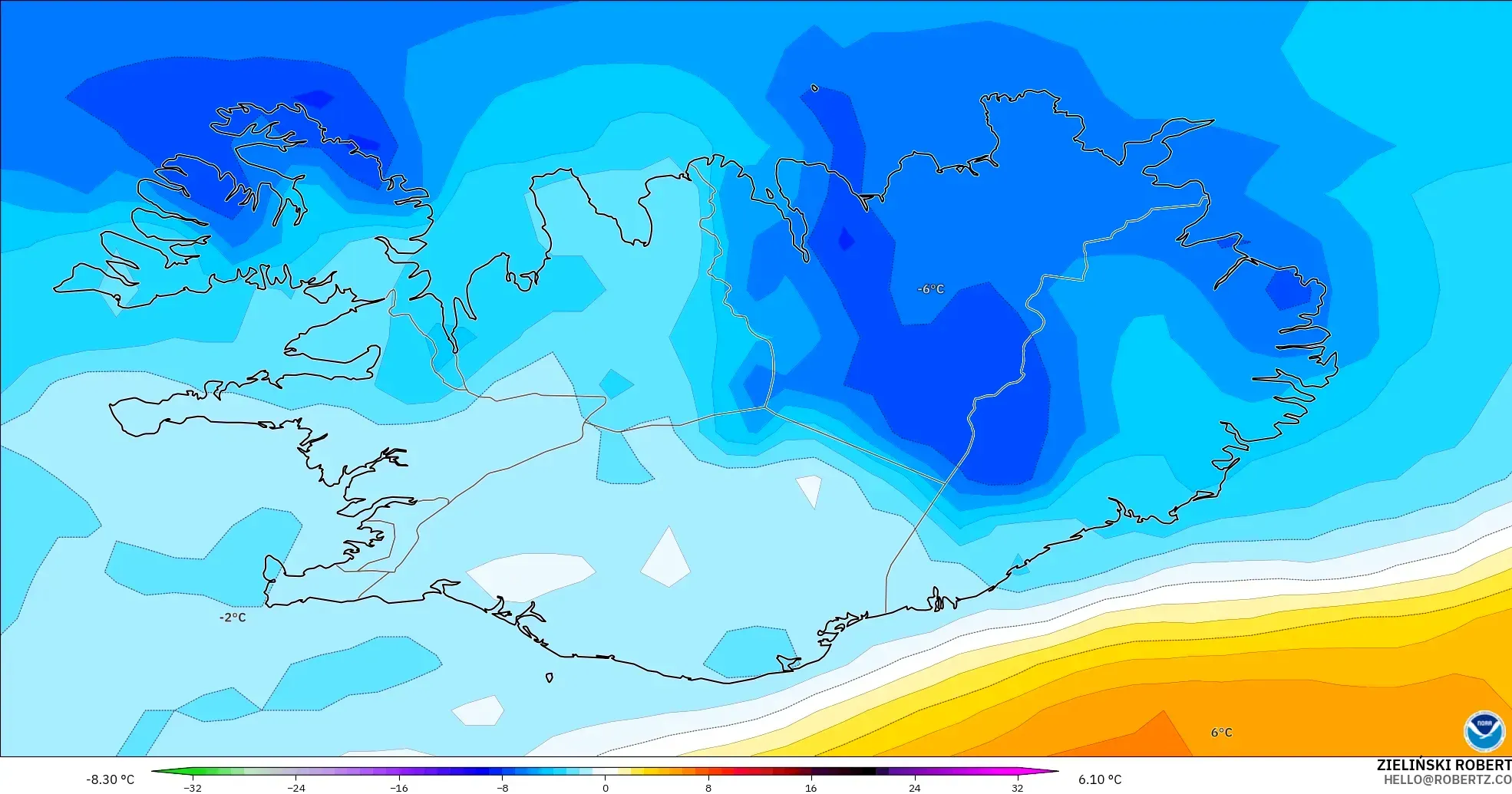 GFS model - Iceland, Temperature at 850hPa Anomaly