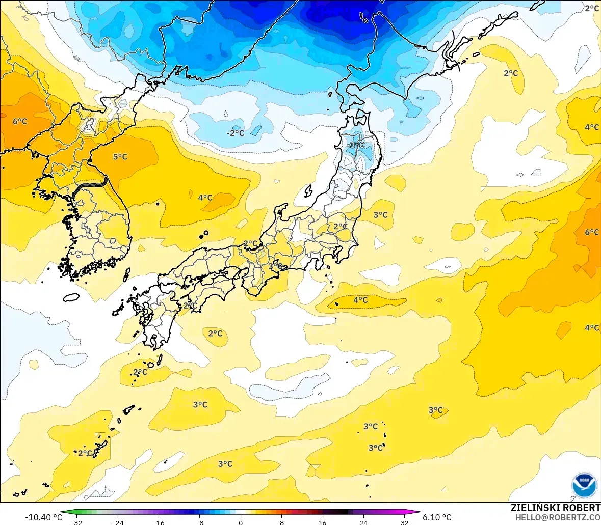 GFS model - Japan, Temperature at 850hPa Anomaly