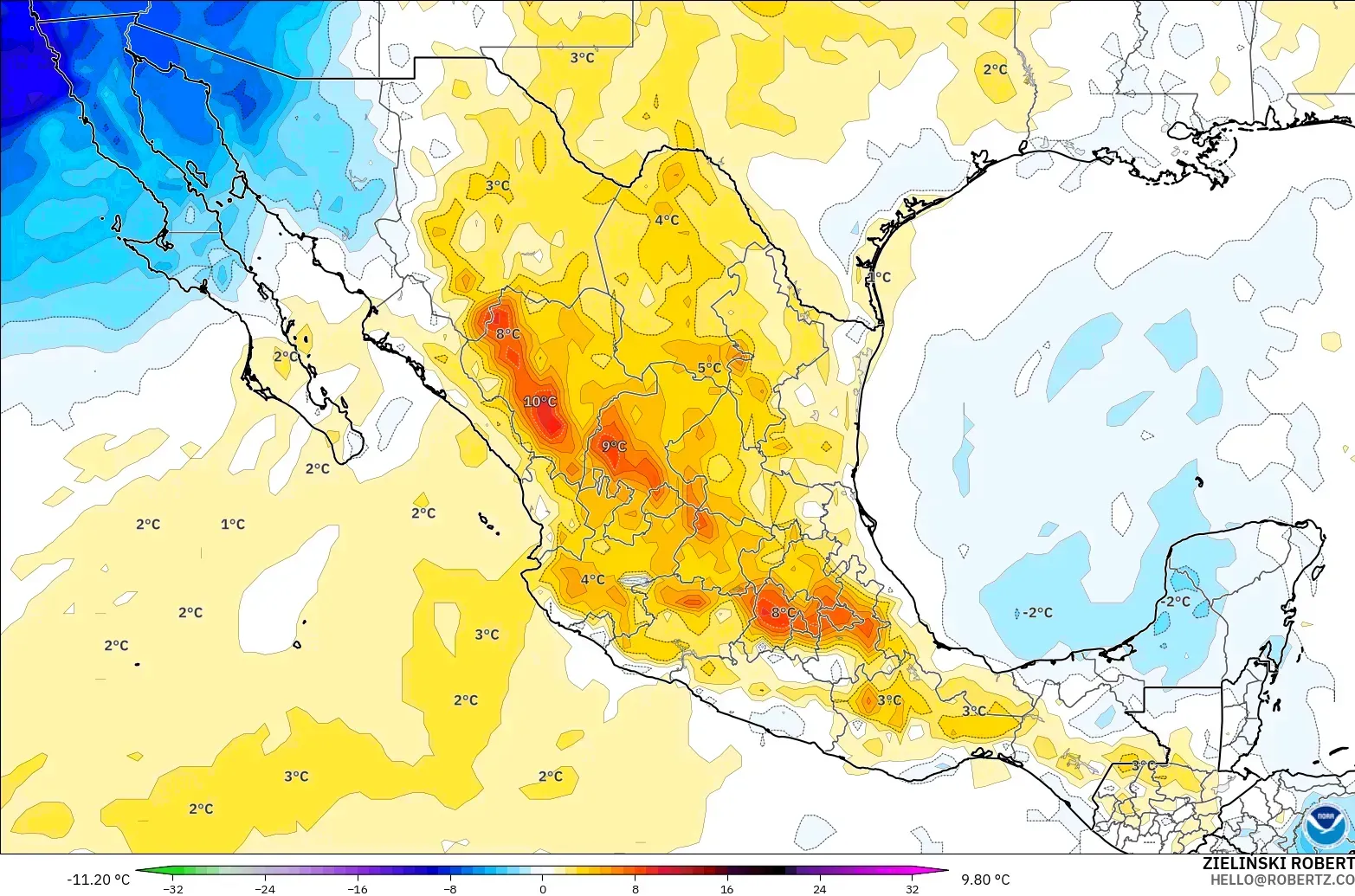 GFS model - Mexico, Temperature at 850hPa Anomaly