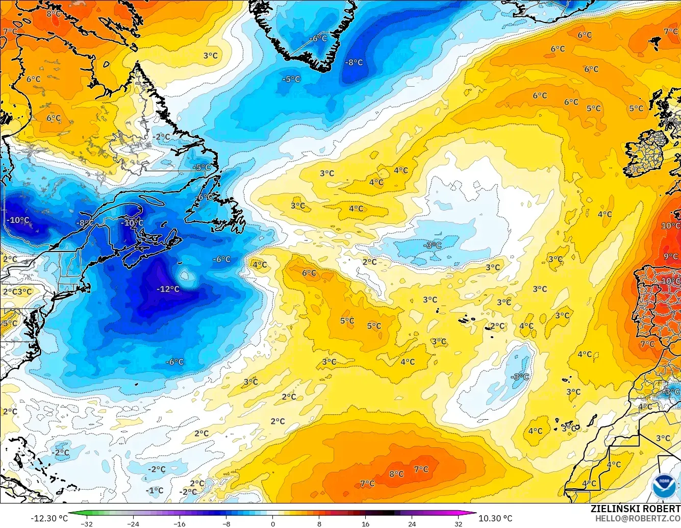 GFS model - North Atlantic, Temperature at 850hPa Anomaly