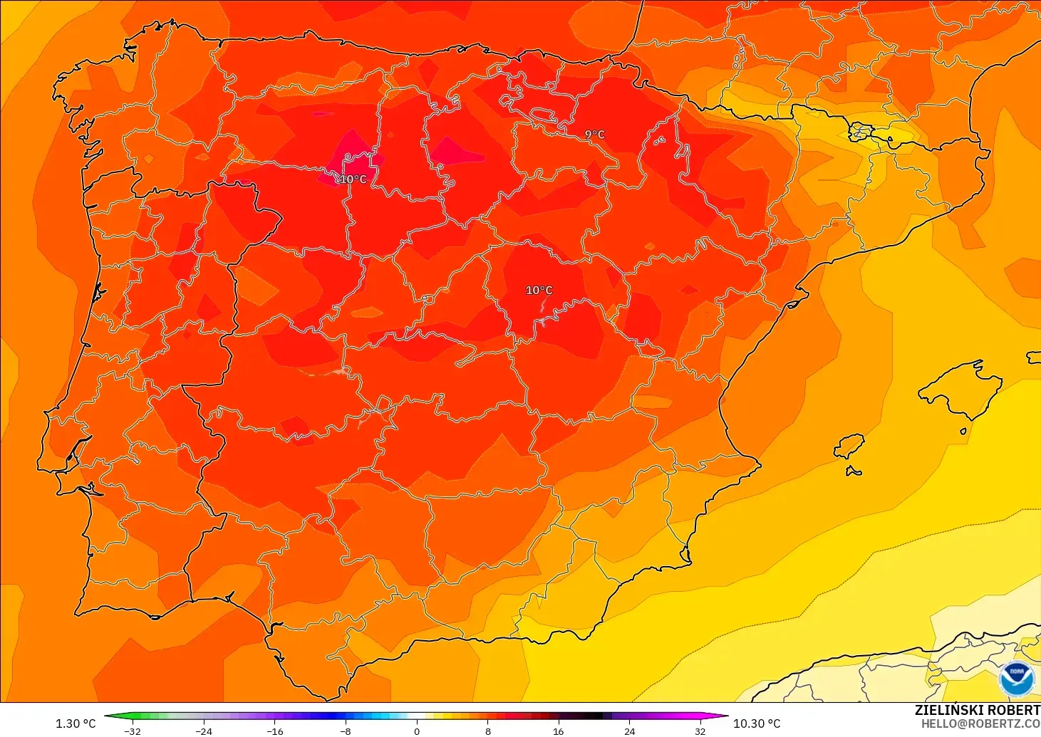 GFS model - Spain, Temperature at 850hPa Anomaly
