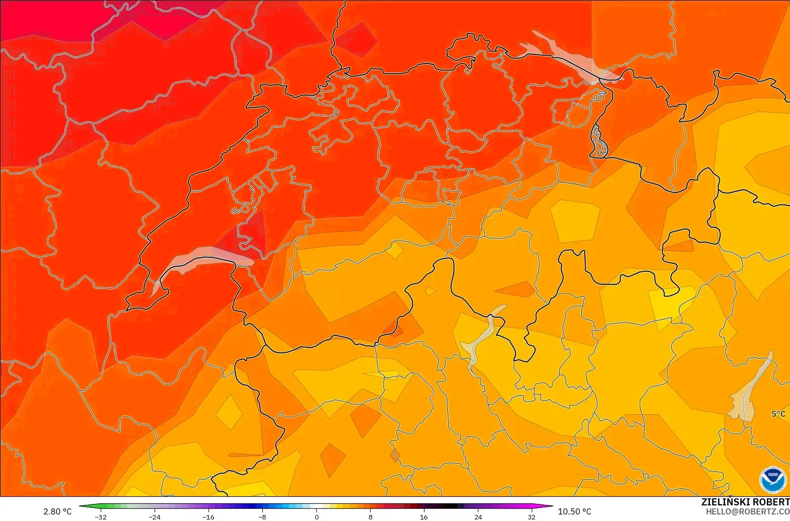 GFS model - Switzerland, Temperature at 850hPa Anomaly