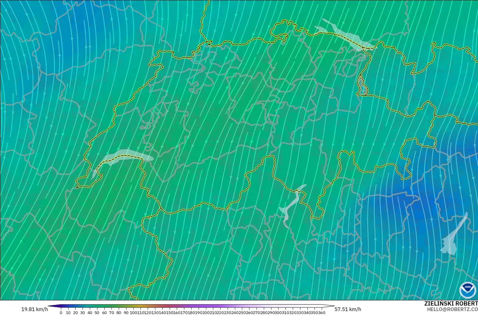 GFS model - Switzerland, Wind at 300hPa (jet stream)