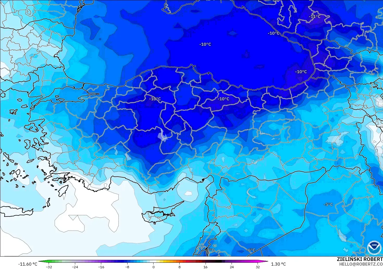 GFS model - Turkey, Temperature at 850hPa Anomaly