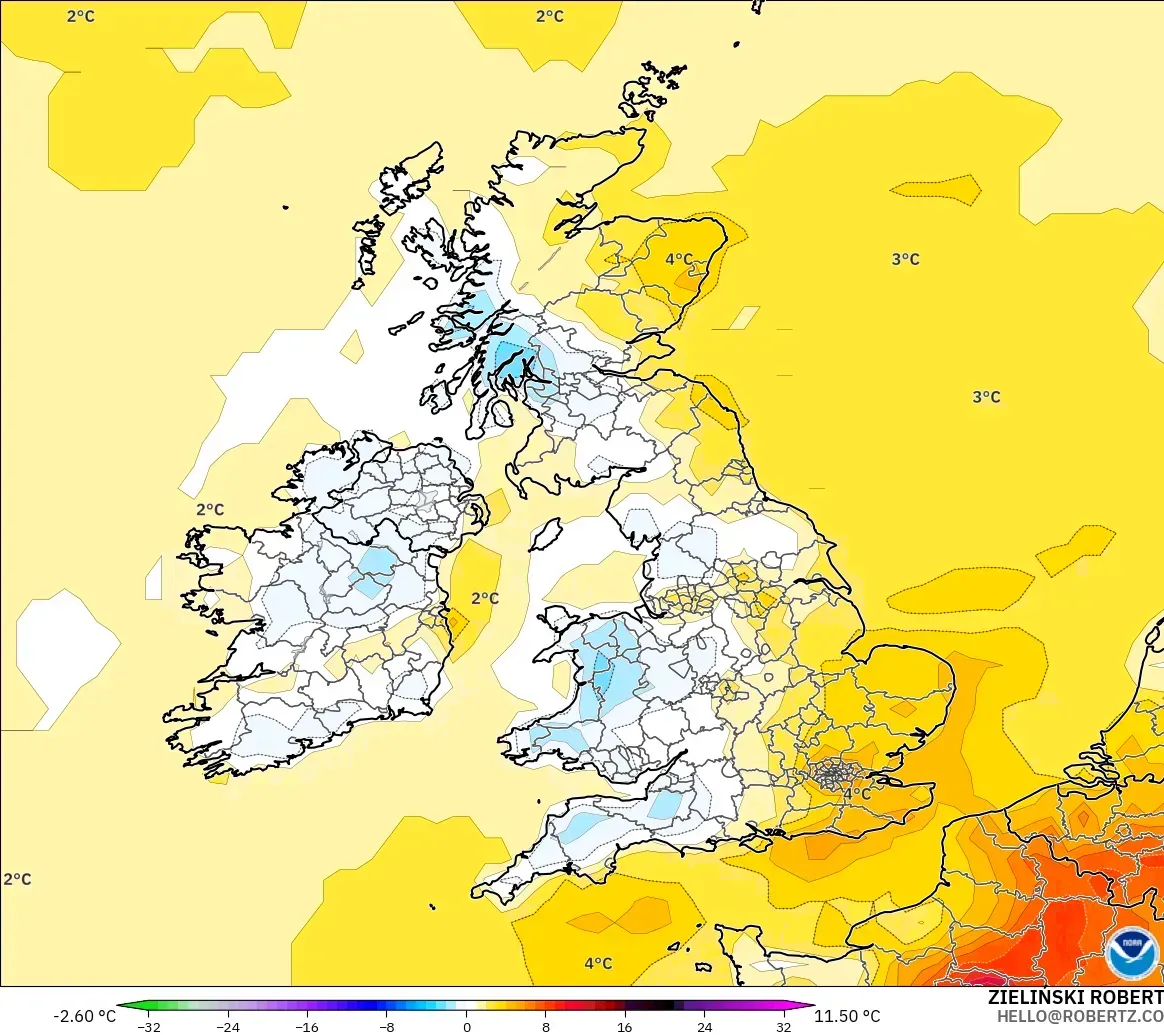 GFS model - United Kingdom, Temperature at 2m Anomaly