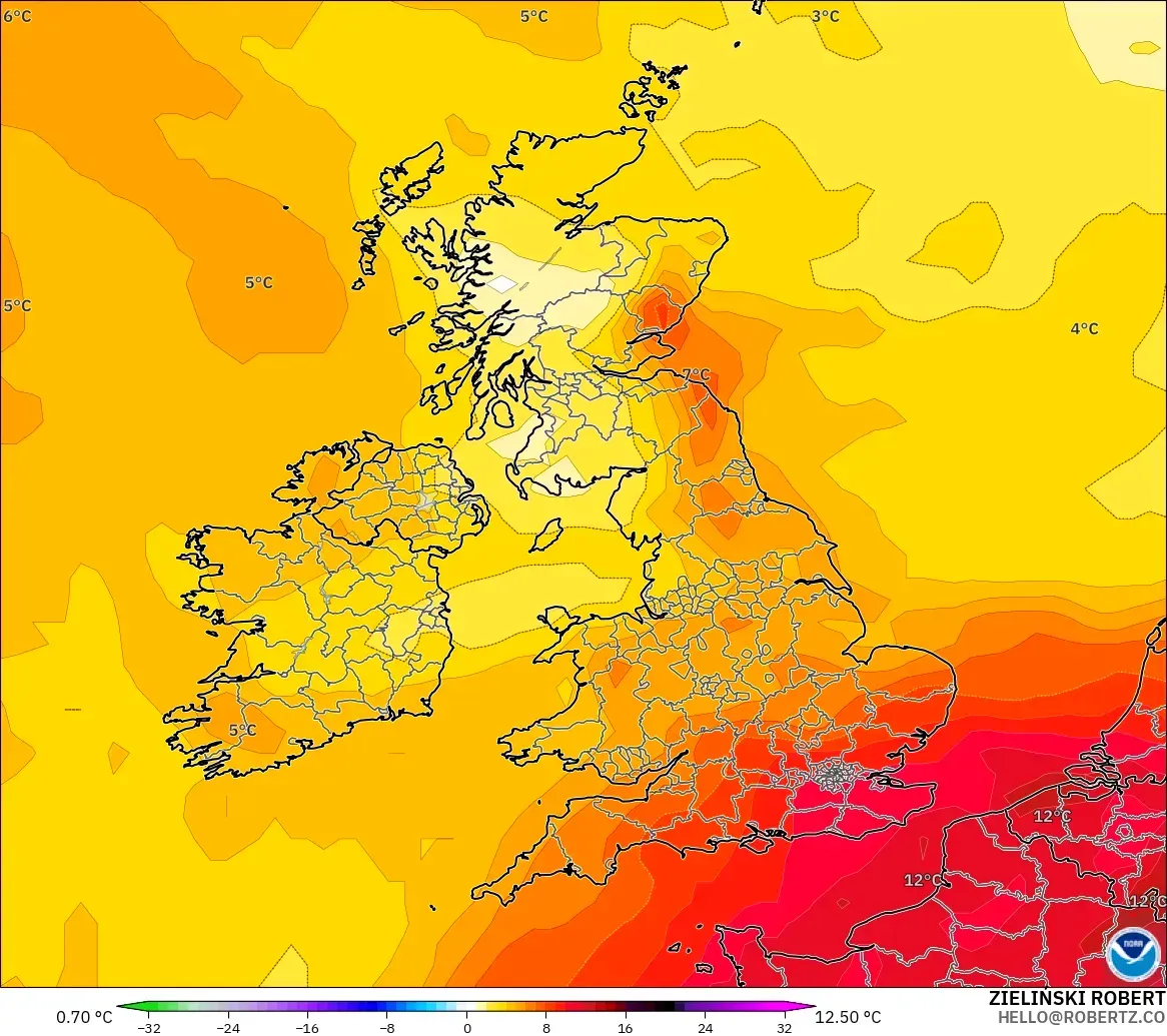 GFS model - United Kingdom, Temperature at 850hPa Anomaly