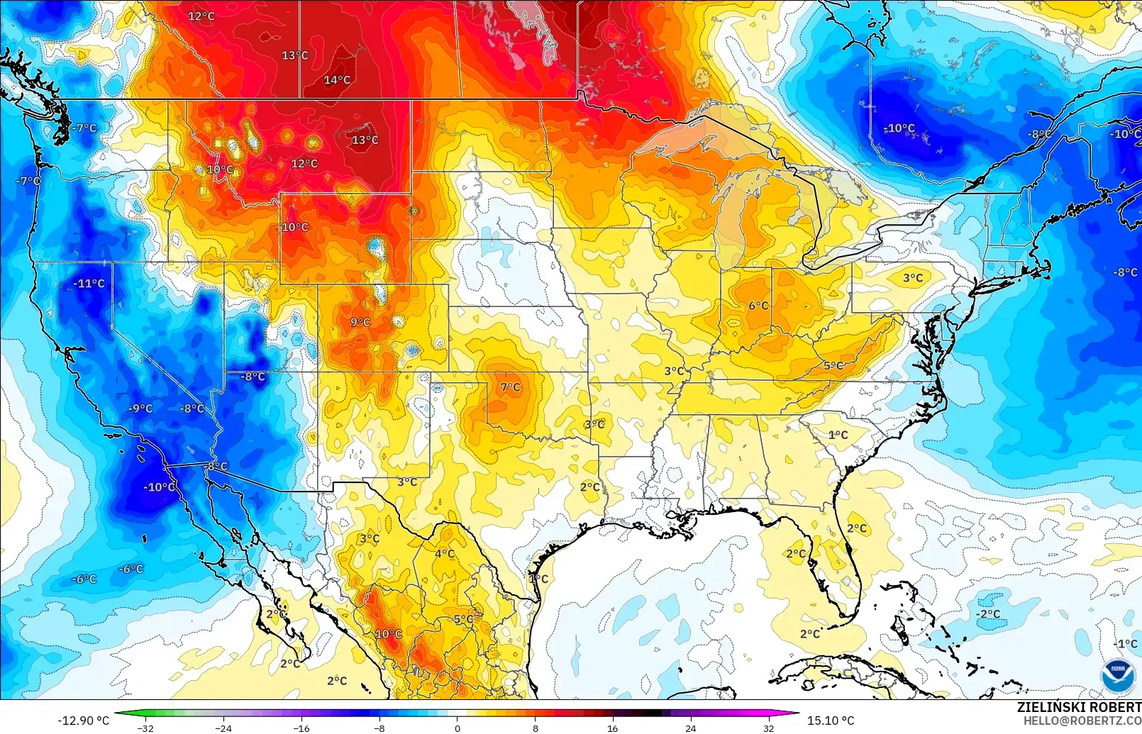 GFS model - United States, Temperature at 850hPa Anomaly