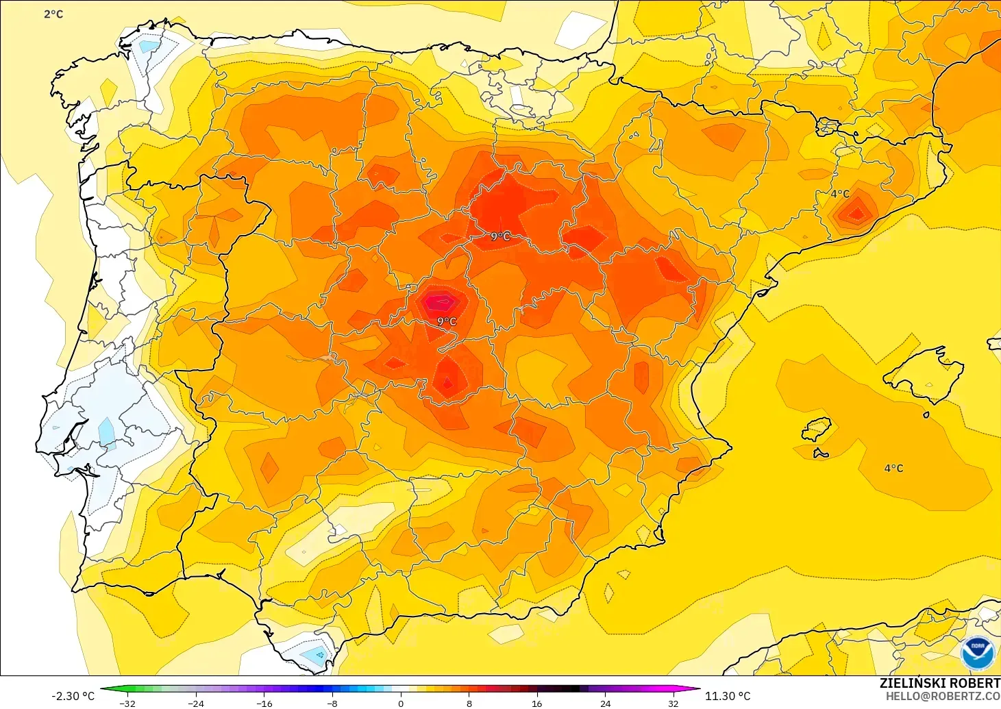 GFS model - Spain, Temperature at 2m Anomaly