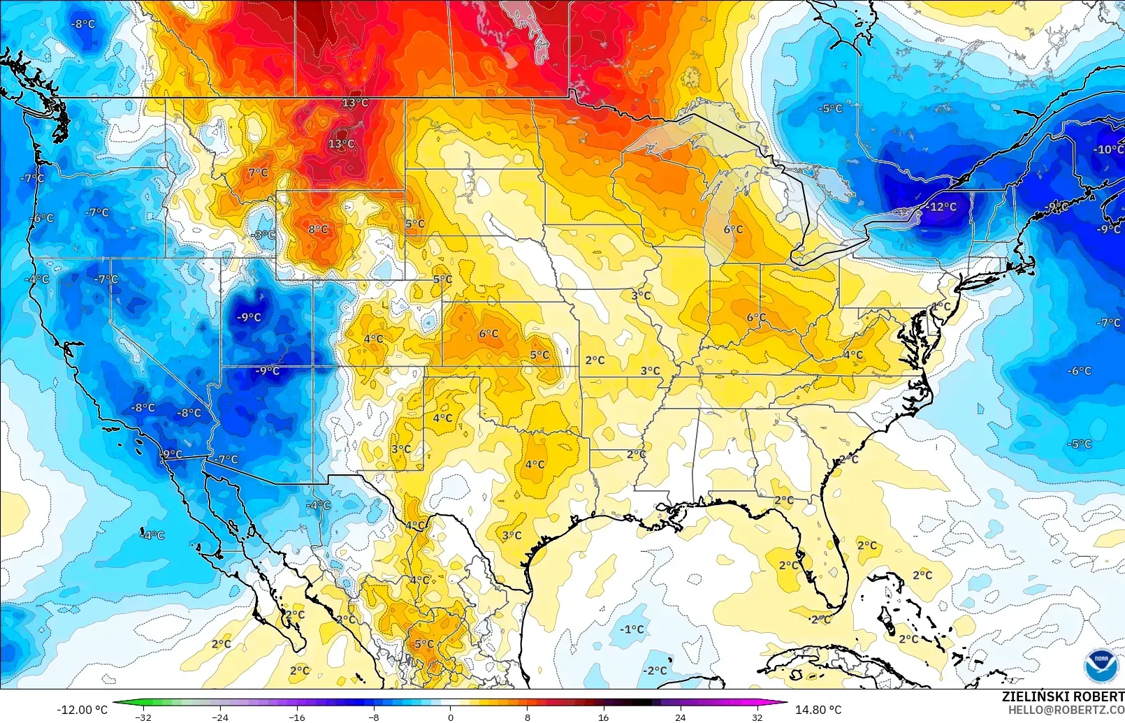 GFS model - United States, Temperature at 850hPa Anomaly