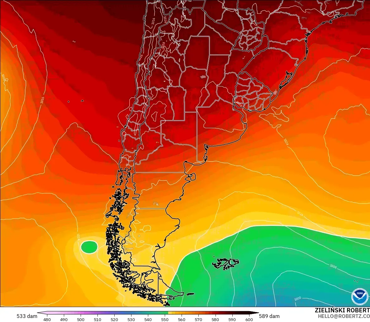 GFS model - Argentina, Geopotential height at 500hPa