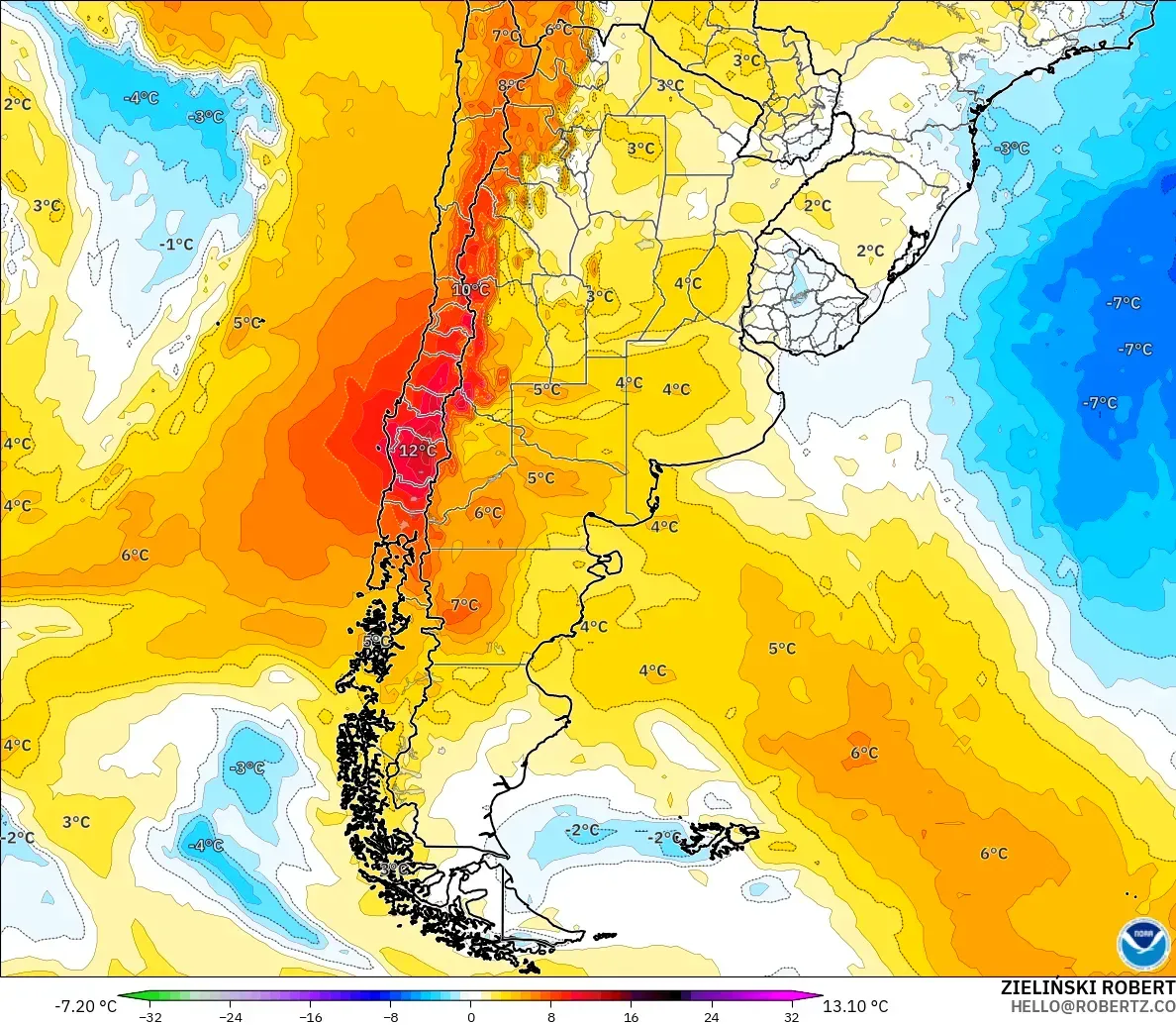 GFS model - Argentina, Temperature at 850hPa Anomaly
