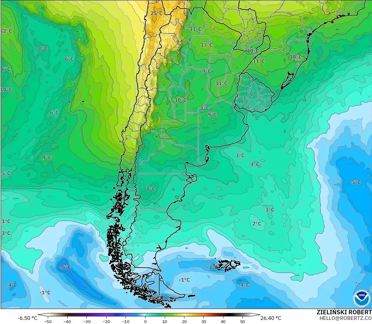 GFS model - Argentina, Temperature at 850hPa