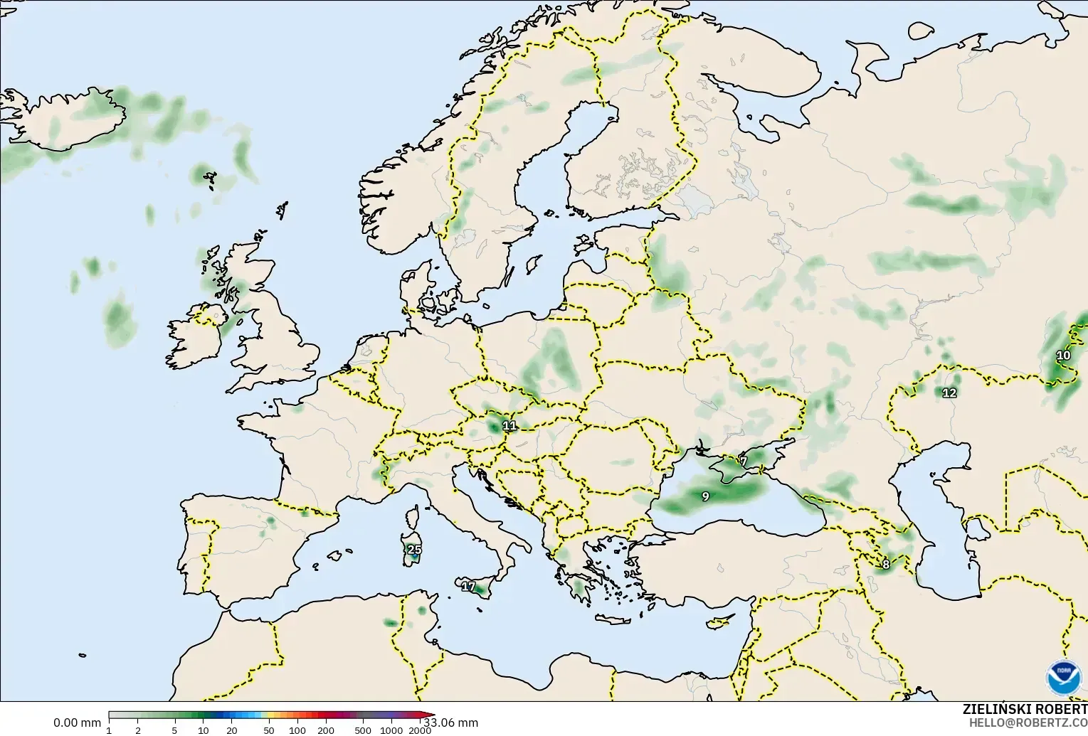 GFS model - Europe, Precipitation Accumulation