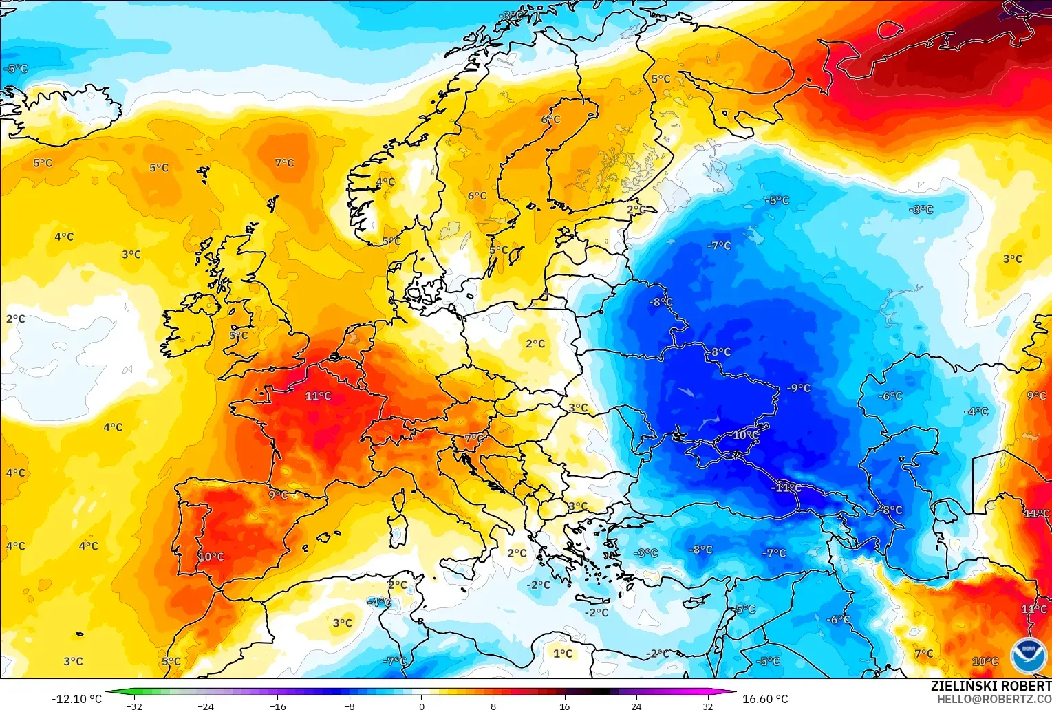 GFS model - Europe, Temperature at 850hPa Anomaly