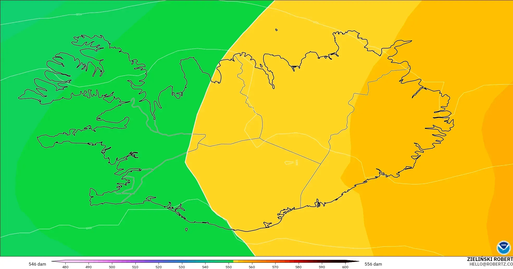 GFS model - Iceland, Geopotential height at 500hPa