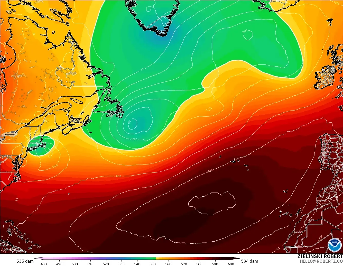 GFS model - North Atlantic, Geopotential height at 500hPa