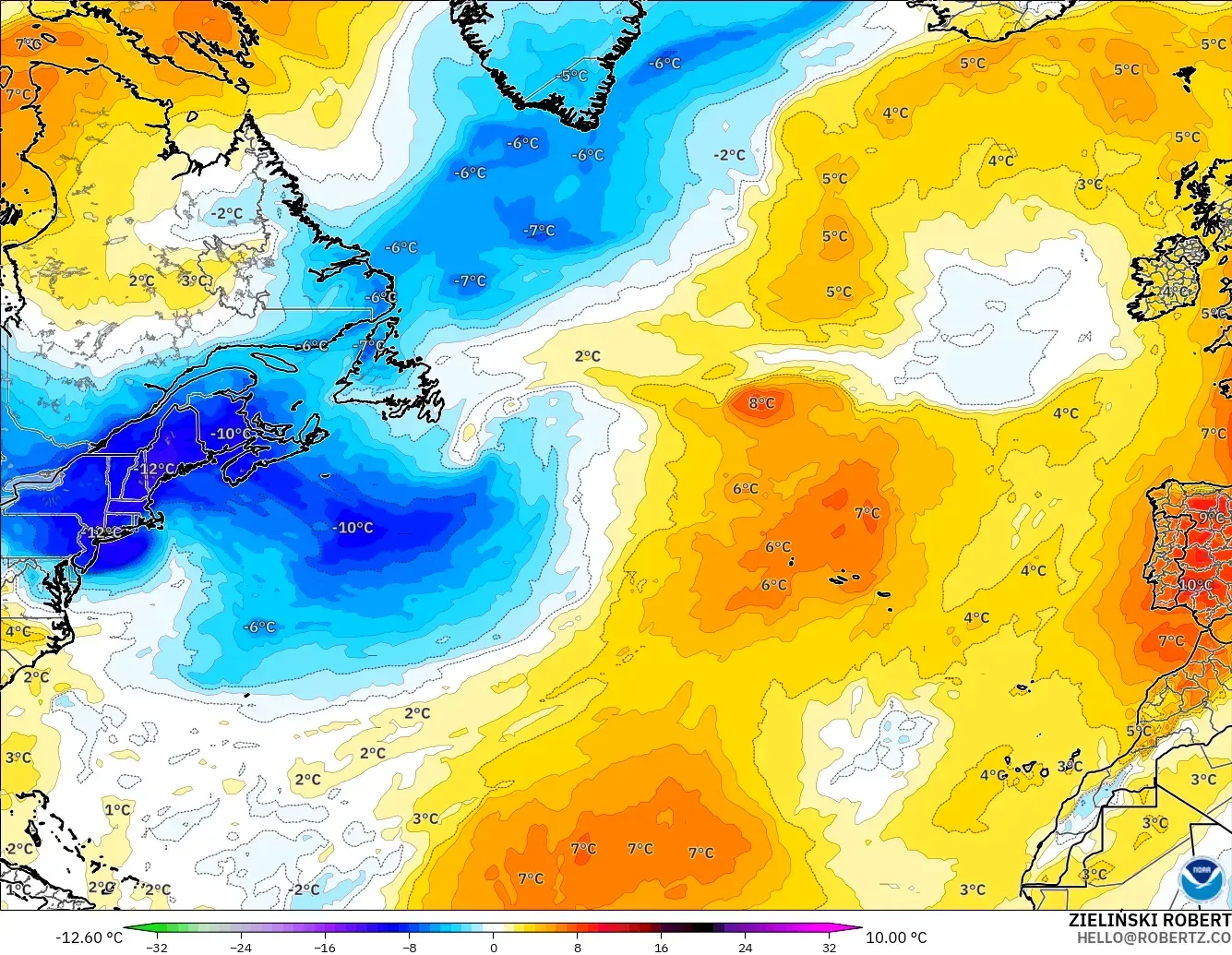 GFS model - North Atlantic, Temperature at 850hPa Anomaly
