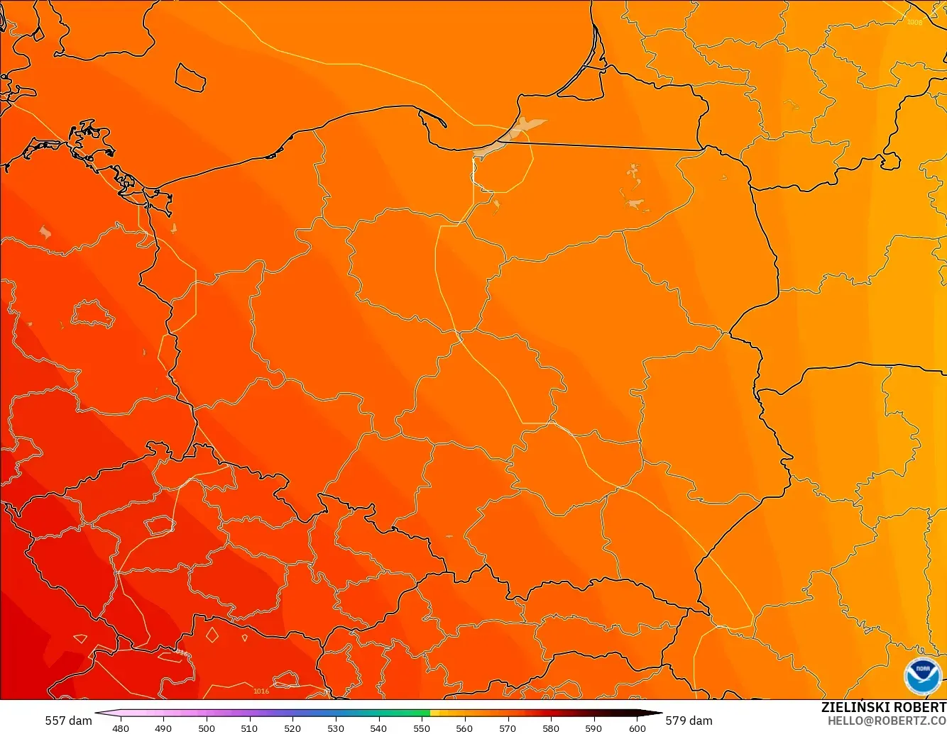 GFS model - Poland, Geopotential height at 500hPa