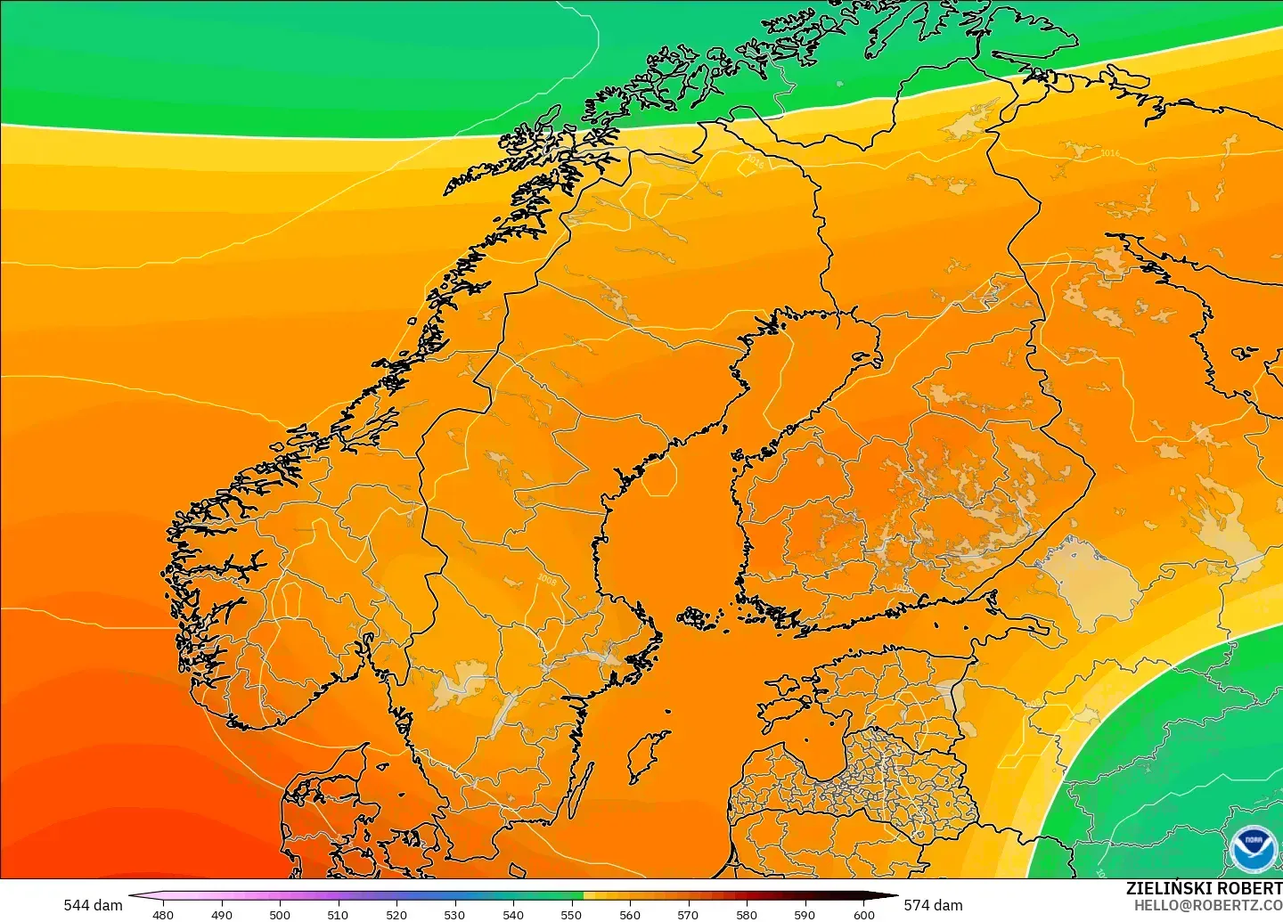 GFS model - Scandinavia, Geopotential height at 500hPa