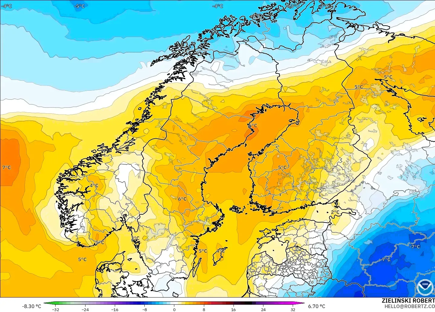 GFS model - Scandinavia, Temperature at 850hPa Anomaly