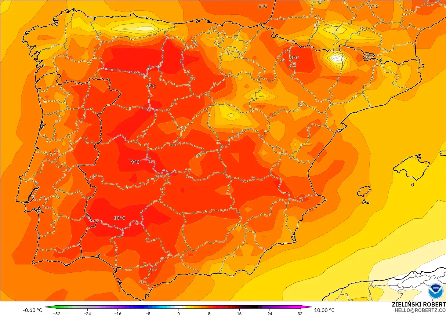 GFS model - Spain, Temperature at 850hPa Anomaly