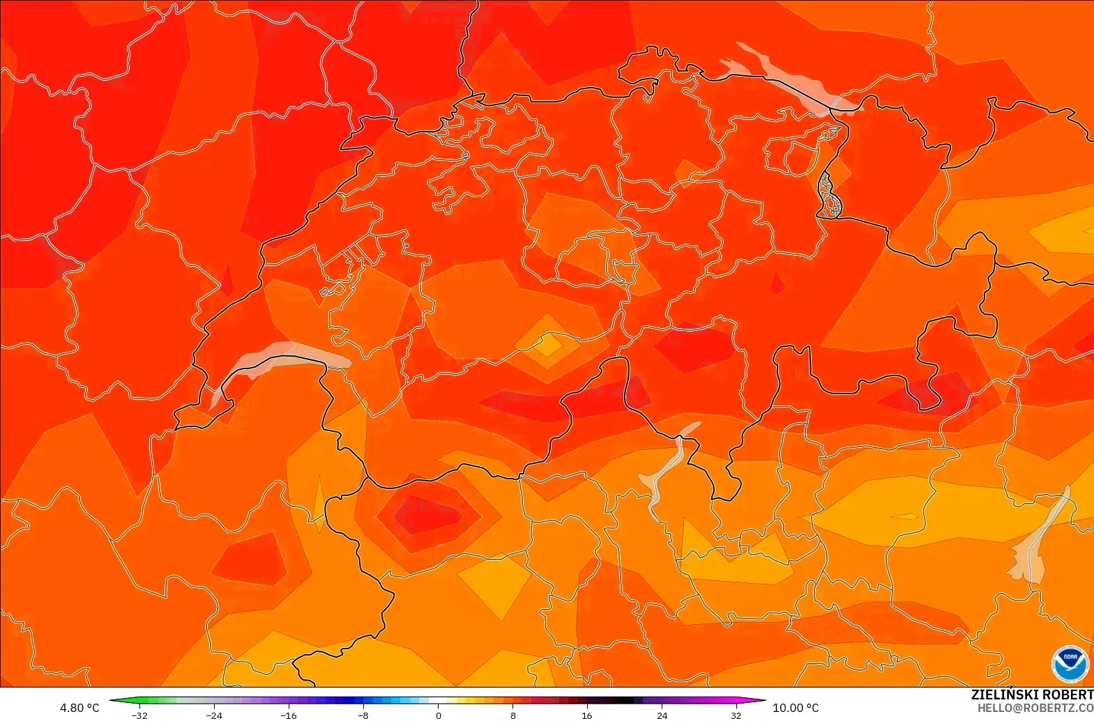 GFS model - Switzerland, Temperature at 850hPa Anomaly