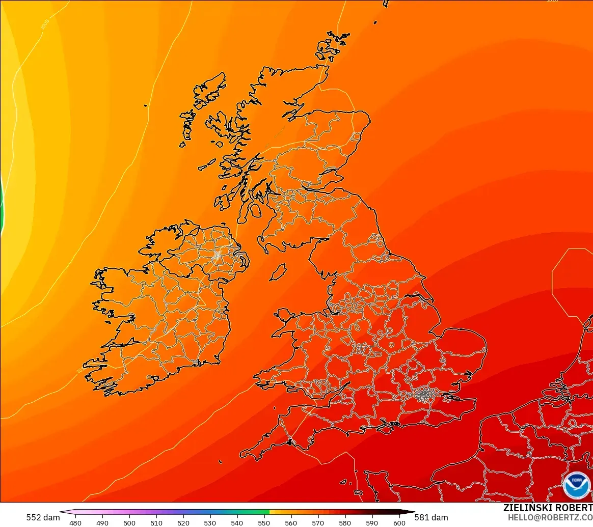 GFS model - United Kingdom, Geopotential height at 500hPa