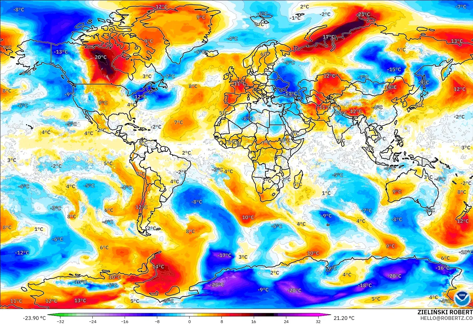 GFS model - World, Temperature at 850hPa Anomaly