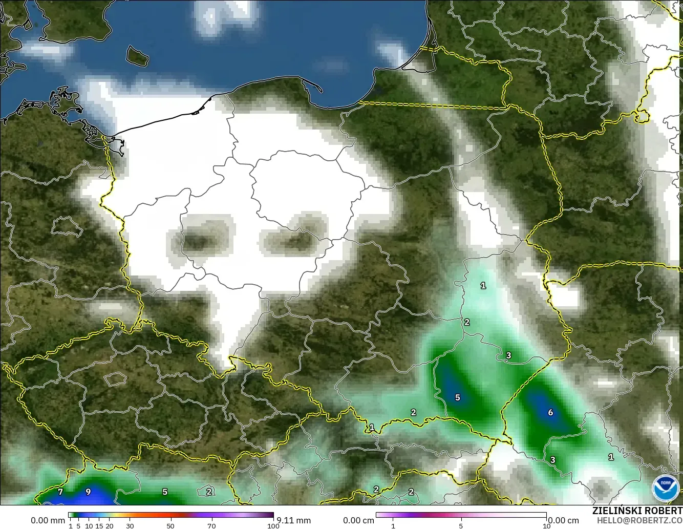 GFS model - Poland, Precipitation, Clouds, and Pressure