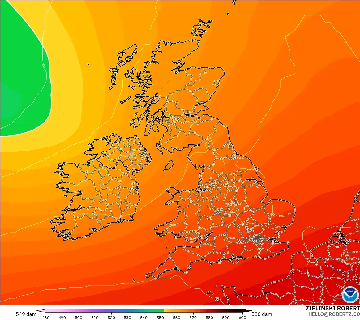 GFS model - United Kingdom, Geopotential height at 500hPa