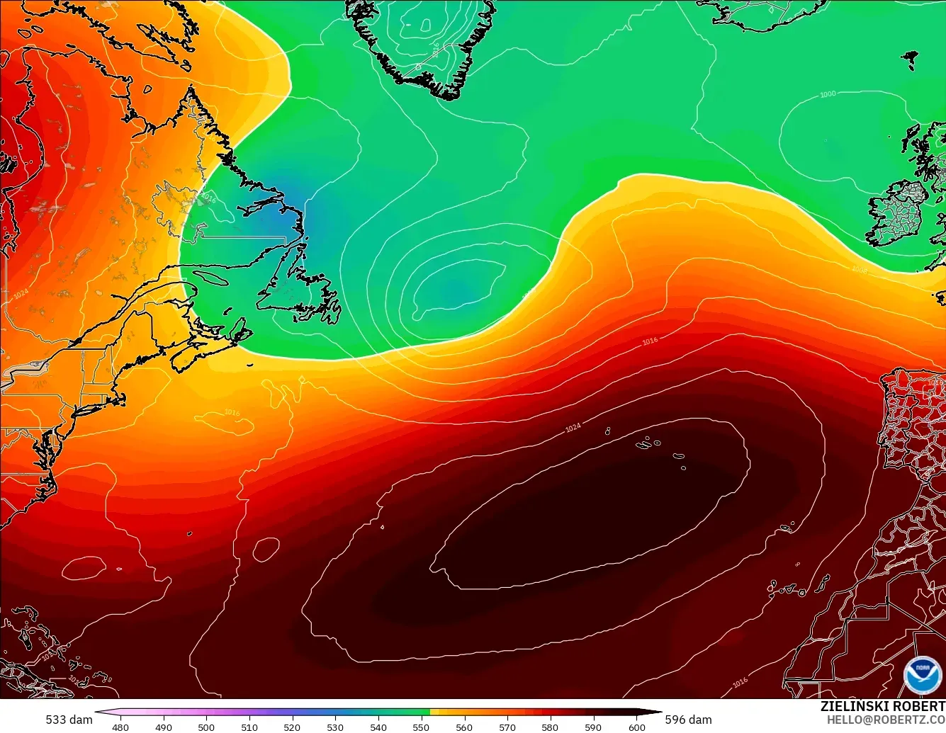 GFS model - North Atlantic, Geopotential height at 500hPa