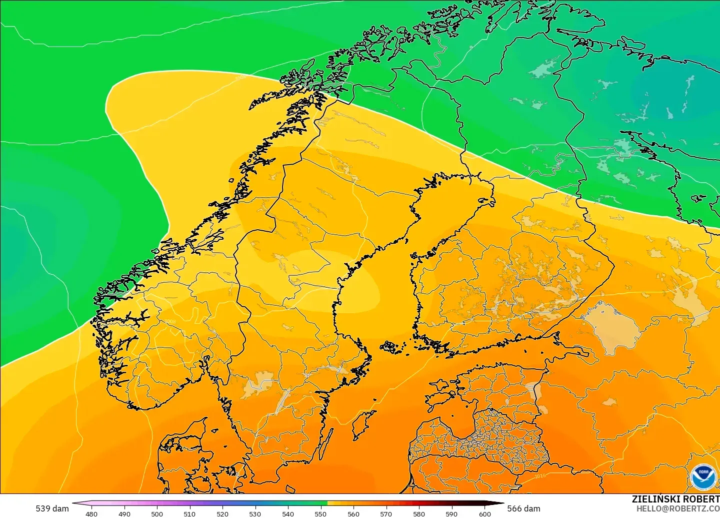 GFS model - Scandinavia, Geopotential height at 500hPa