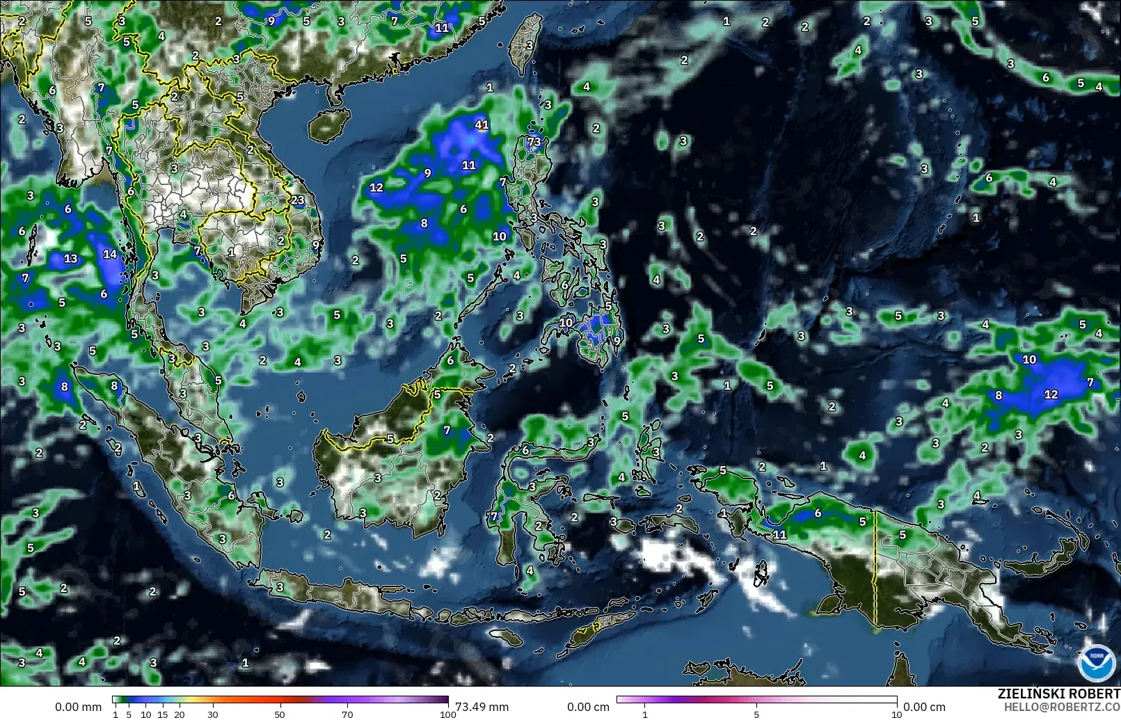 GFS model - South East Asia, Precipitation, Clouds, and Pressure
