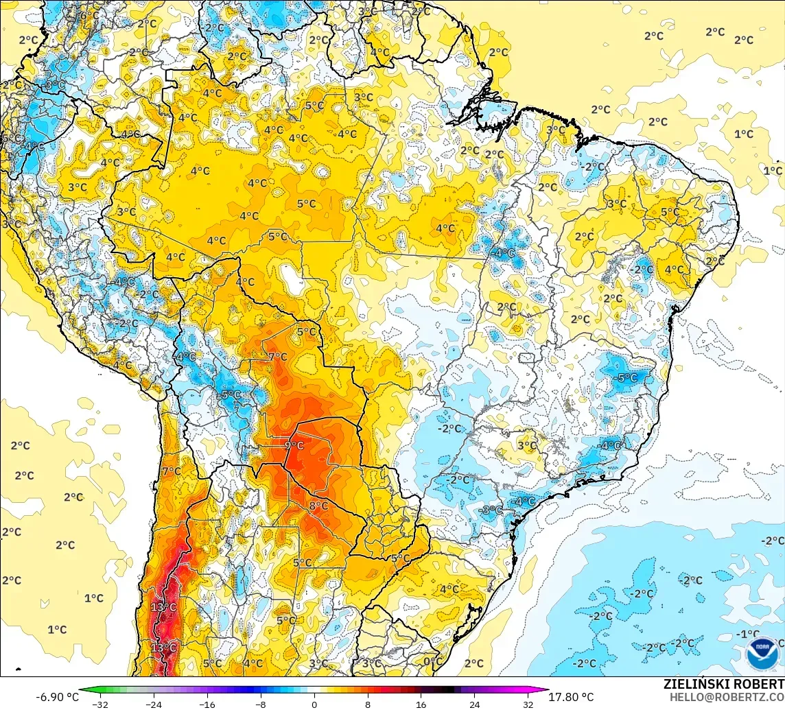 GFS model - Brazil, Temperature at 2m Anomaly