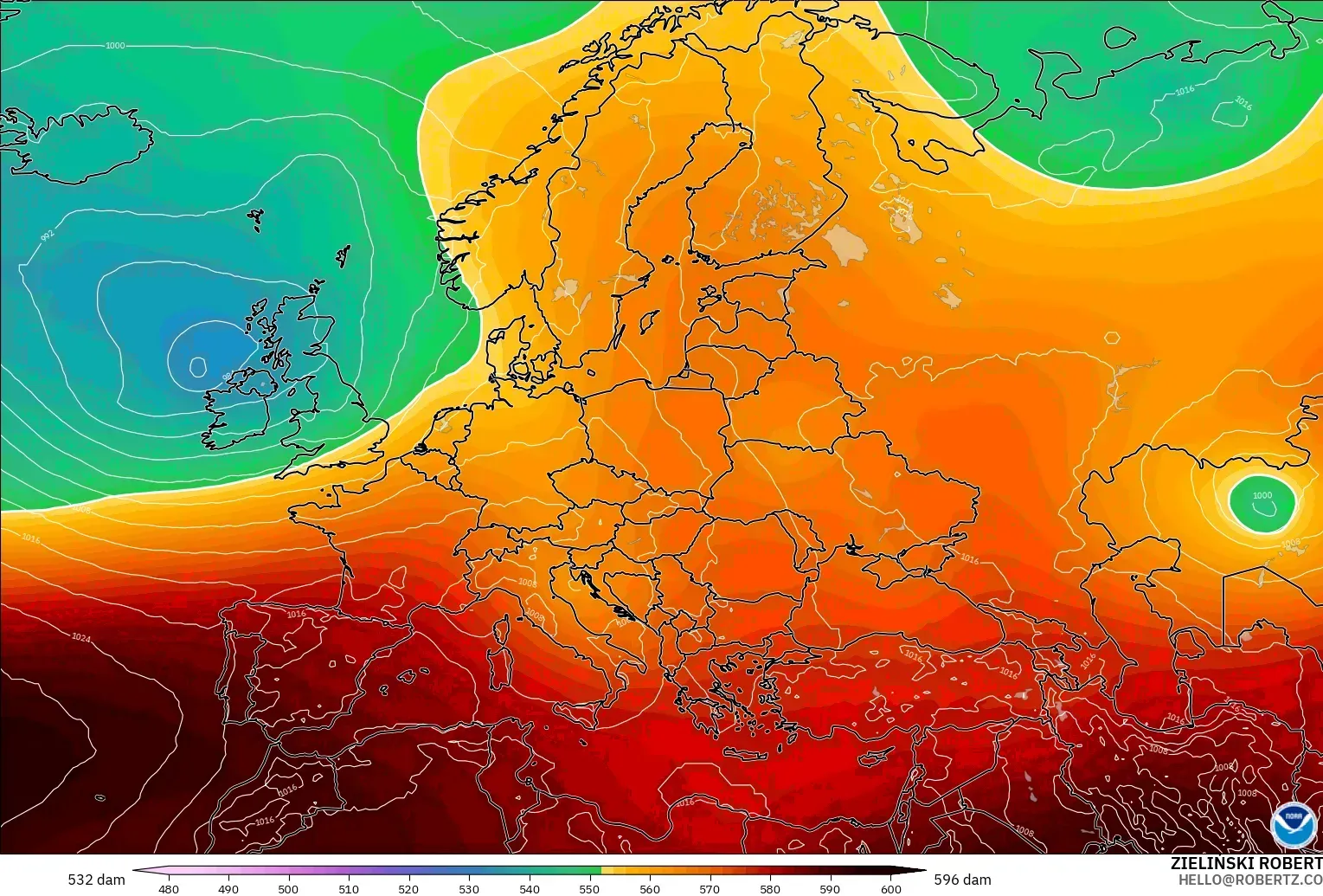 GFS model - Europe, Geopotential height at 500hPa