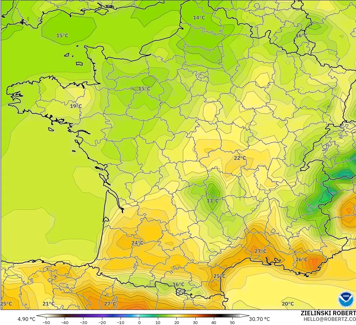 GFS model - France, Temperature at 2m