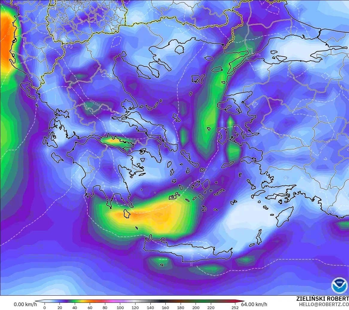 GFS model - Greece, Wind Gusts